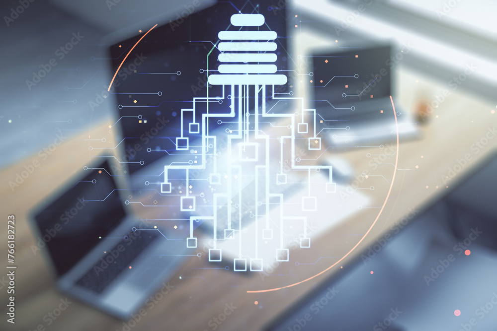 Poster creative light bulb illustration with microcircuit and modern desktop with pc on background, future 