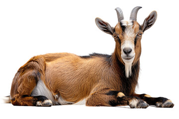 Portrait full body shot of javan goat sitting in front of white background. eid adha sacrificed animal in muslim belief.