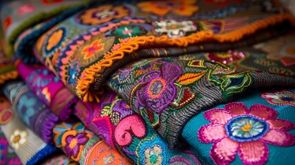 Vibrant Embroidered Textile with Intricate Floral and Bohemian Patterns,Showcasing the Beauty of Handcrafted Cultural Textiles