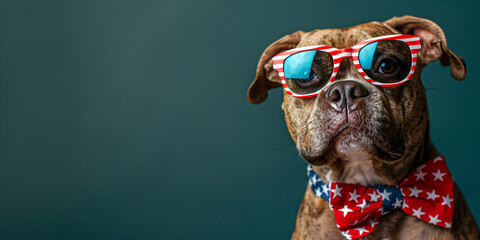 Portrait of proud dog in stars and stripes sunglasses with American flag bow tie on green background. Celebration of Independence day, 4th July, Memorial Day.  generative ai  - obrazy, fototapety, plakaty