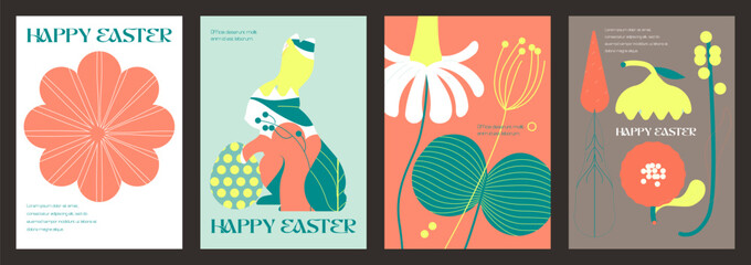 Happy Easter. Vector cute simple gouache illustrations of Easter eggs, bunny, carrot, pattern, flowers, tulip for greeting card, invitation or background.