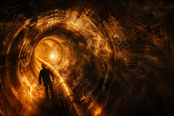 An abstract image of a construction worker at work in a tunnel.