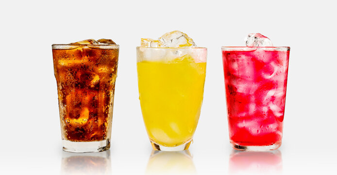 Set of cold soft drink difference flavor in tall glass cola, soda water, orange flavor in tall glass isolated with reflection on white background.