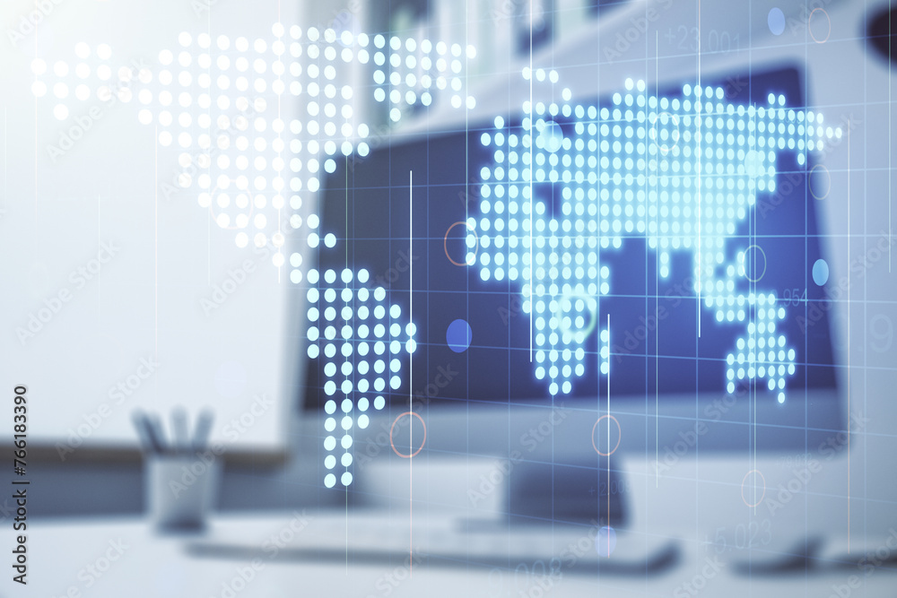 Aufkleber multi exposure of abstract graphic world map and modern desk with computer on background, connection