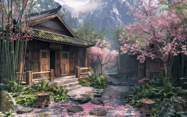 Traditional Chinese courtyard landscape,created with Generative AI tecnology.