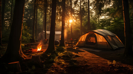 camping in the woods with a solar panelled tent and equipment - obrazy, fototapety, plakaty