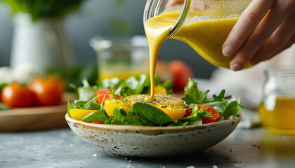 Woman hand pouring honey mustard dressing into bowl with fresh salad on table