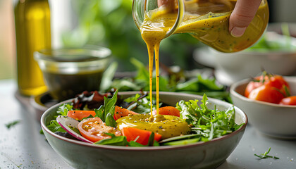 Woman hand pouring honey mustard dressing into bowl with fresh salad on table - obrazy, fototapety, plakaty