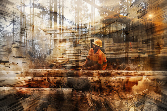 An abstract image of a construction worker at work in a forest, building a log cabin.
