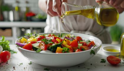 Woman adding olive oil to fresh vegetable salad on table - obrazy, fototapety, plakaty