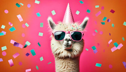 Fototapeta premium carnival mask, Happy Birthday, carnival, New Year's, funny animals card, alpaca with a party hat and sunglasses on a pink background with confetti