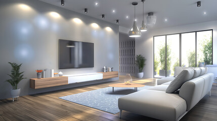 Fototapeta premium Industrial style of living room interior design. TV. Detailed 3D image of interior of living room with modern sofa. By window.