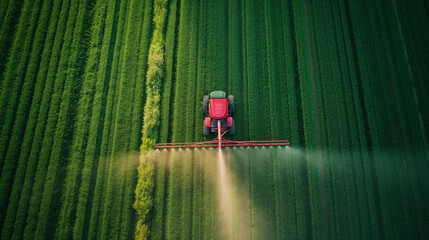  Aerial shot of a tractor spraying pesticide or fertilizer on a green oat field. Agricultural seasonal spring background