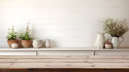 Fototapeta na wymiar empty white wooden table in middle of kitchen background