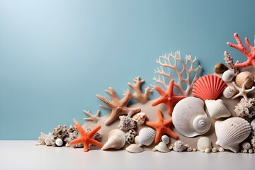 Seashells and coral reef with copy space