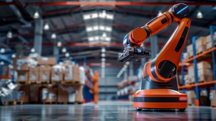 Fototapeta premium Modern high tech innovative warehouse logistics displayed through automation, robotics and artificial intelligence, defining the future of industry.