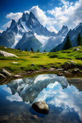 Reflection in Water: Unparalleled Natural Splendor of Imposing Mountains, Tranquil Lake, and Verdant Flora - obrazy, fototapety, plakaty