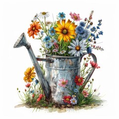 A flower vase with a watering can on top of it. The flowers are colorful and the vase is silver