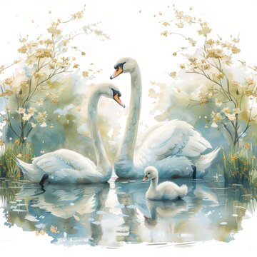 A painting of three swans in a pond. The swans are two adult swans and one baby swan. The painting has a peaceful and serene mood, with the swans swimming in the water and the trees in the background