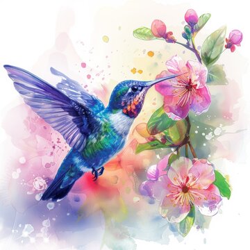 A hummingbird is perched on a pink flower. The bird is surrounded by a splash of color, with the pink flower and the bird's feathers creating a vibrant and lively scene. Concept of joy and wonder
