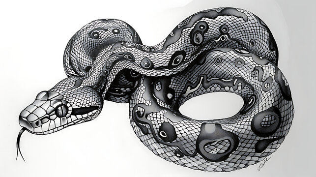 an snake drawing is shown in black and white, in the style of tattoo inspired, tempera, bold outlines. Generative Ai