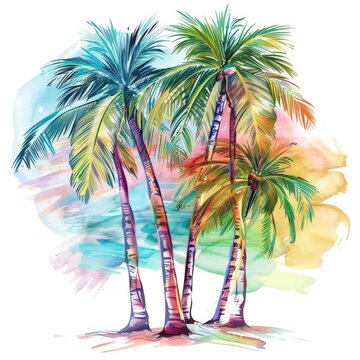 A painting showcasing three tall palm trees standing on a sandy beach under a sunny sky