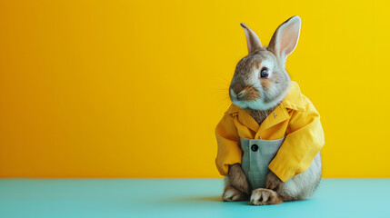 cute rabbit in yellow shirt and gray pants on yellow background with copy space - obrazy, fototapety, plakaty