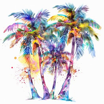 A watercolor painting featuring three palm trees against a vivid sky, showcasing the tropical setting with delicate brushstrokes