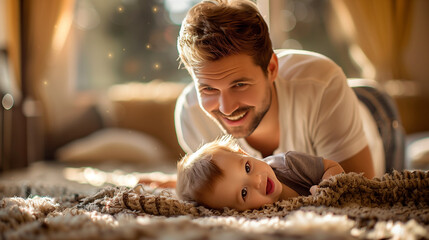 A father playing with his young son - obrazy, fototapety, plakaty