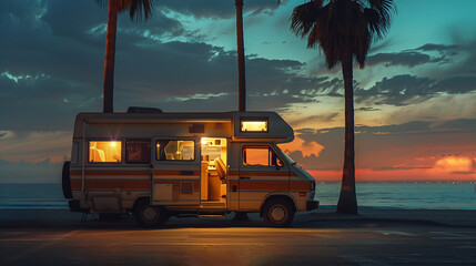 Sunset illuminates a camper van by the roadside its interior glowing softly inviting onlookers to imagine life on the road