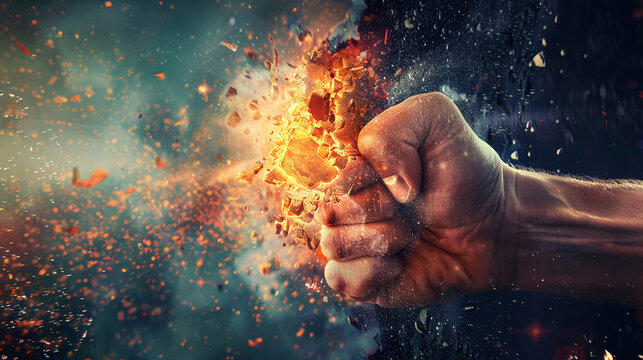 Dynamic abstract imagery of a fist punching through a wall of challenges illustrating the concept of breakthrough in problemsolving