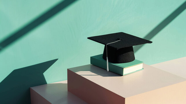 Sunlit graduation cap on a pile of textbooks casting a shadow on a clean surface designed with copy space for graduation congratulations