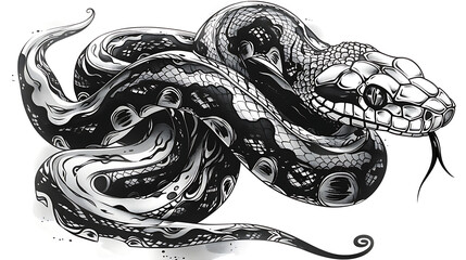an snake drawing is shown in black and white, in the style of tattoo inspired, tempera, bold outlines. Generative Ai