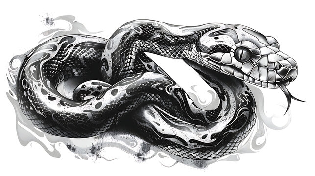 an snake drawing is shown in black and white, in the style of tattoo inspired, tempera, bold outlines. Generative Ai
