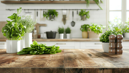 Healthy food cooking concept, front view on fresh green leafy vegetables and kitchen utensils standing on wooden countertop - obrazy, fototapety, plakaty