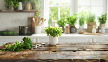 Healthy food cooking concept, front view on fresh green leafy vegetables and kitchen utensils standing on wooden countertop - obrazy, fototapety, plakaty