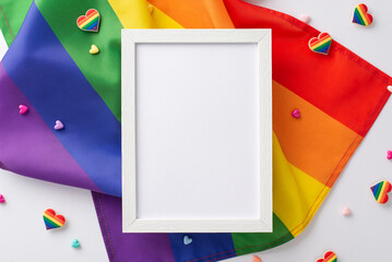 A top-down view of LGBT-themed accessories, including a photo frame, rainbow flag, pin badges, and heart ornaments, arranged on a white surface with a blank space for text or picture