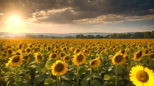 A field of sunflowers stretching to the horizon with a beautiful sunset in the background