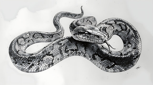 an snake drawing is shown in black and white, in the style of tattoo inspired, tempera, bold outlines. Generative Ai