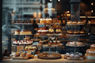 Fototapeta na wymiar Assorted Desserts Displayed in Bakery Window 