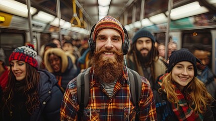 Wide-angle view of a man amidst a sea of commuters on the subway, finding tranquility through his