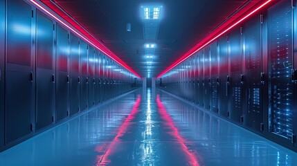 Wide-angle shot captures the length of a data center corridor, emphasizing the scale and complexit