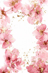 A watercolor painting of pink flowers with gold accents. The flowers are arranged in a way that creates a sense of movement and flow. The gold accents add a touch of elegance. Overall