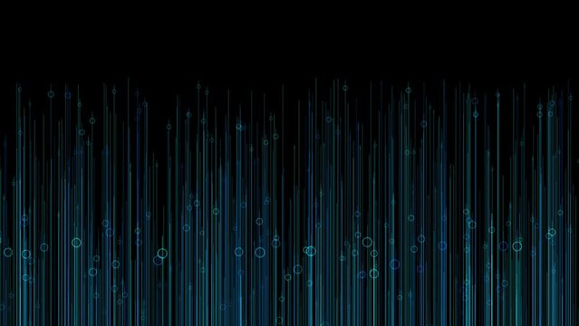 Glowing lines of blue light digital and bubbles rising upwards on black background