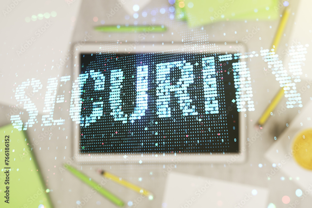 Poster cyber security creative concept and modern digital tablet on background. double exposure