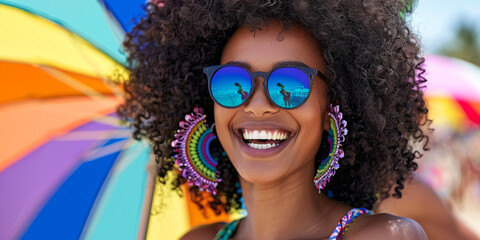 A woman with a big smile poses with sunglasses reflecting the colors of pride, embodying the spirit of LGBTQ+ inclusivity and celebration.
