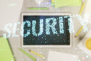 Cyber security creative concept and modern digital tablet on background. Double exposure