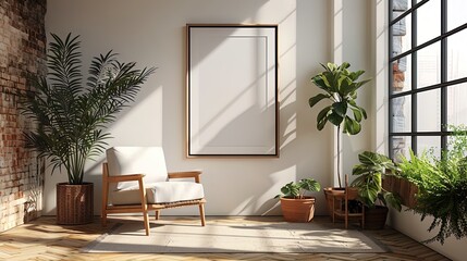 Elegant presentation of a thin black frame mockup on a minimalist white studio wall, providing a v