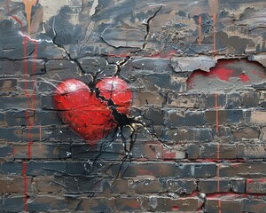 Graffiti of a broken heart on a city wall, expressing public displays of personal despair, hyper...