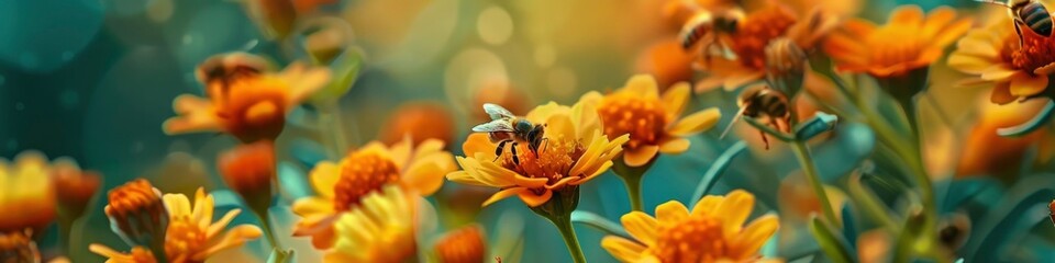 A macro view of several bees on top of many orange and yellow colors and hectic flowers with a green background. - obrazy, fototapety, plakaty